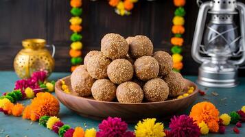 A bowl of cookies on a table with flowers photo
