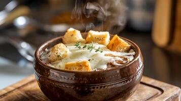 A bowl of soup with bread and cheese on top photo