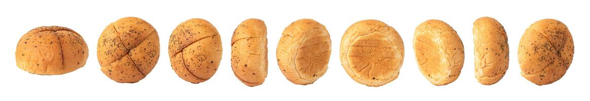 Poppy seed bread roll set, loaf of bread with a golden brown isolated on white background, crispy crust, featuring deep and even slashes on the surface, loaf bread, white whole bread, brown bread photo