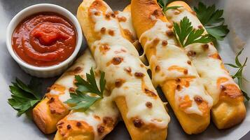 A plate with some bread sticks and a bowl of sauce photo
