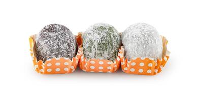 Strawberry Mochi or Ichigo Daifuku is mochi with a different twist. This traditional Japanese snack contains whole strawberries covered in sweet red bean paste. isolated on white, clipping path photo