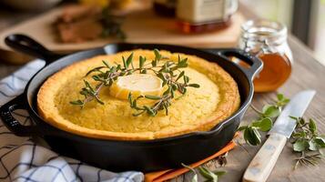 Cornbread in a cast iron skillet photo