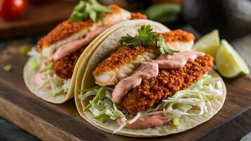 Two fish tacos with a side of slaw photo