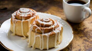 Cinnamon rolls with icing on a plate photo