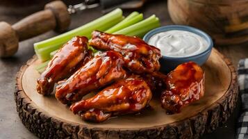 Chicken wings with ranch sauce and celery on a wooden plate photo