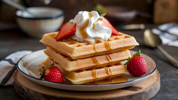A stack of waffles with whipped cream and strawberries photo