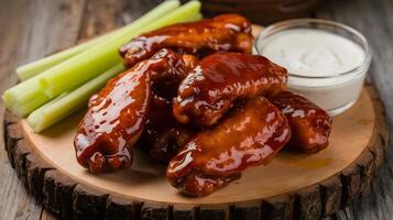 Chicken wings with celery and ranch dressing on a wooden table photo