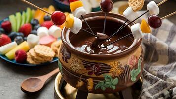 A fondue pot with fruit and marshmallows on sticks photo