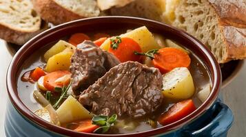 A bowl of beef stew with carrots and bread photo