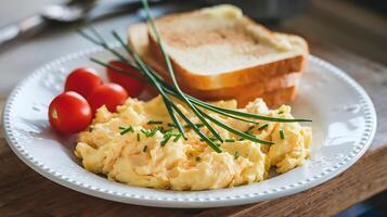 Scrambled eggs with toast and tomatoes photo