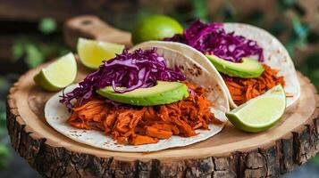 Two tacos with shredded chicken and red cabbage photo
