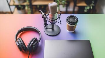 A laptop, headphones and a coffee cup on a colorful table photo