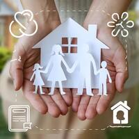 Family home in hands with family icons photo