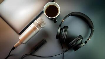 A microphone, headphones and a laptop are on a table photo