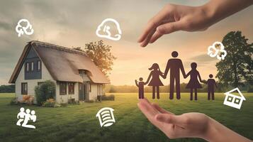 Family home with icons of family and home on field photo