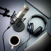 A microphone, headphones and laptop are placed on a table with a cup of coffee photo