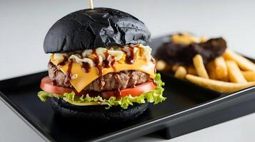 A black burger with cheese and lettuce on it photo