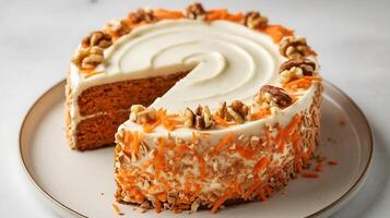 A carrot cake with white frosting and nuts on top photo