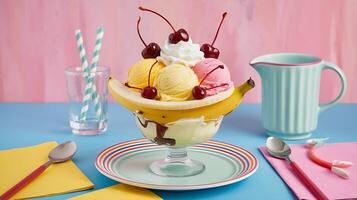 A banana split with ice cream and cherries photo