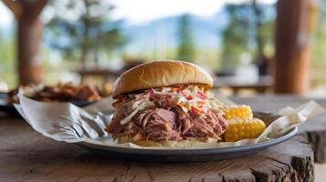 A pulled pork sandwich on a plate with corn on the cob photo