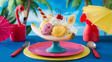 A banana split dessert on a plate with a fork and knife photo