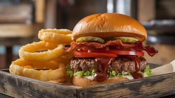 A hamburger with bacon, onion rings and a bun photo