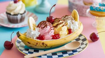 A banana split with ice cream and cherries photo