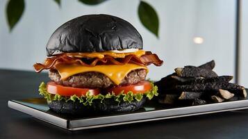 A black burger with cheese, bacon and lettuce photo