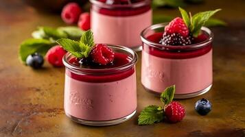 Three small jars with raspberry and raspberries photo