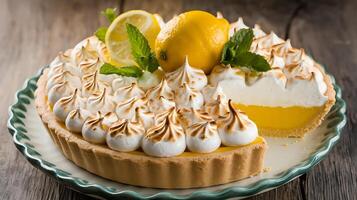A lemon meringue pie with a slice missing photo