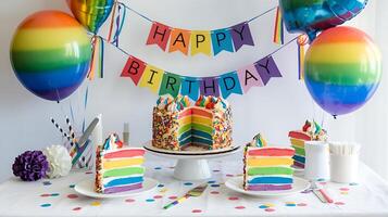 A rainbow birthday cake with balloons and confetti photo