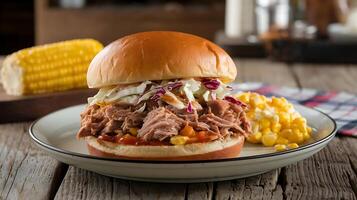 A pulled pork sandwich with corn and coleslaw on a plate photo