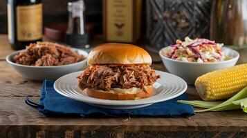 A pulled pork sandwich on a plate with corn and corn on the cob photo