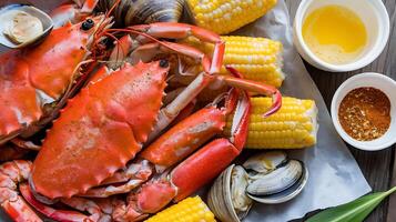 A large crab is sitting on a table with corn and other ingredients photo