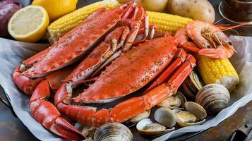 A basket of crabs, corn, and potatoes photo