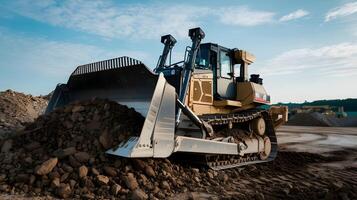 A bulldozer is digging dirt in a construction site photo