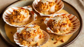 Four scallops in a shell with cheese and sauce photo