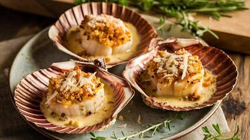 Three scallops in a shell with cheese and herbs photo