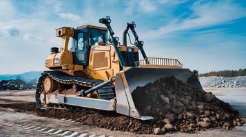 A bulldozer is digging dirt in a field photo