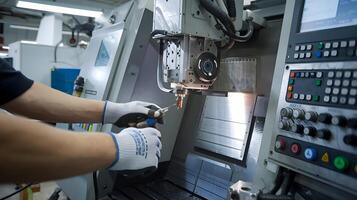A person working on a machine in a factory photo