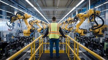 A man standing in front of a factory with robotic arms photo