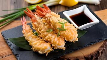 A plate with shrimp and sauce on it photo