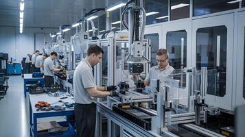 Workers in an assembly line working on machines photo