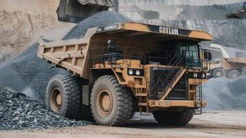 A large dump truck is parked in front of a large pile of rocks photo
