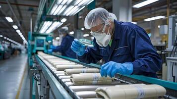 A worker in a factory with a magnifying glass photo
