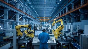 A man standing in front of a factory with robots photo