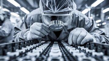 A worker in a lab coat is looking at a computer photo