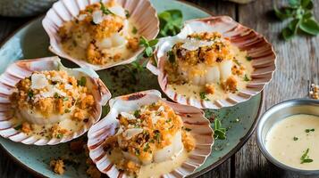 Four scallops in shells on a plate with sauce photo