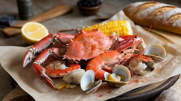 A plate with crabs, clams and corn on it photo