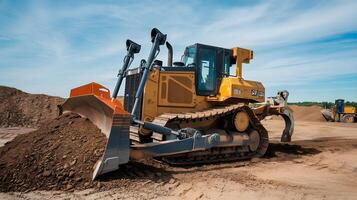 A bulldozer is digging dirt in a dirt field photo